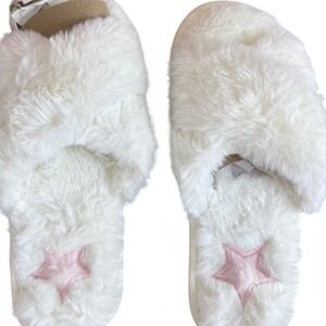 SALE Lola Women's Fuzzy‎ Slippers White Crossover Pink Star Size X Large